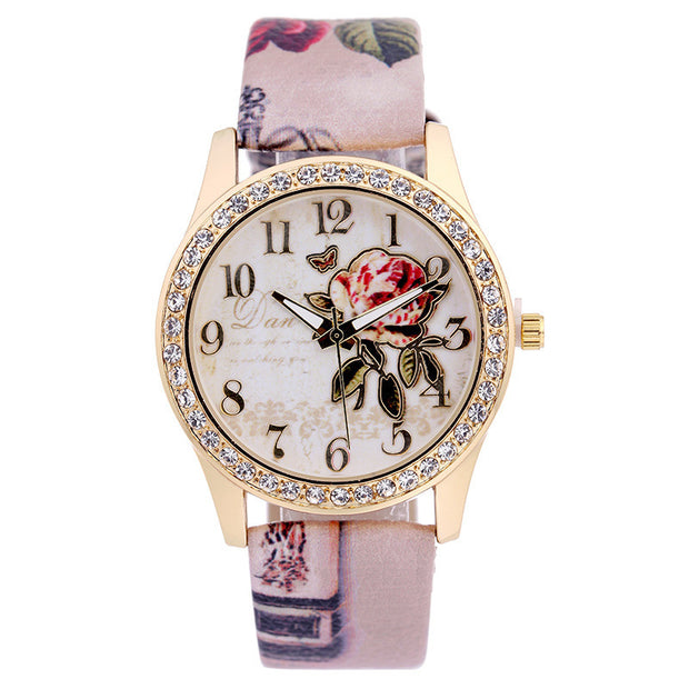 Diamond-inlaid Gold Case Rose Pattern Fashion Quartz Watch